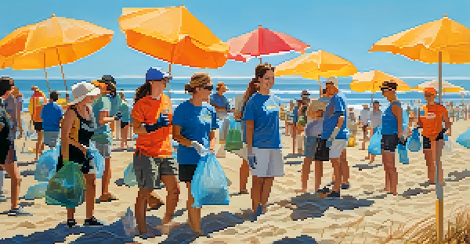 Volunteers of various backgrounds cleaning up litter on Santa Monica beach under a clear sky, with beach umbrellas and gentle waves in the background.