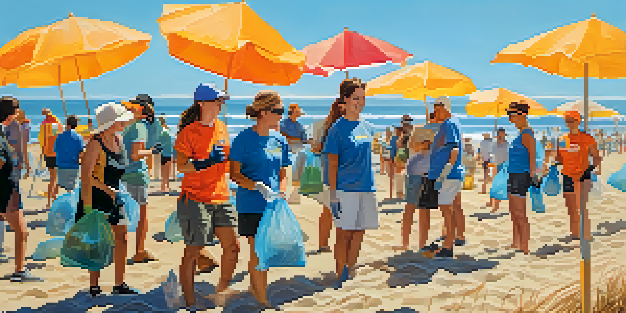 Volunteers of various backgrounds cleaning up litter on Santa Monica beach under a clear sky, with beach umbrellas and gentle waves in the background.
