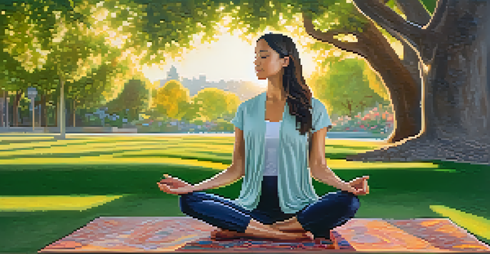 A person meditating in a tranquil park setting, surrounded by greenery and flowers, with a sunset in the background.