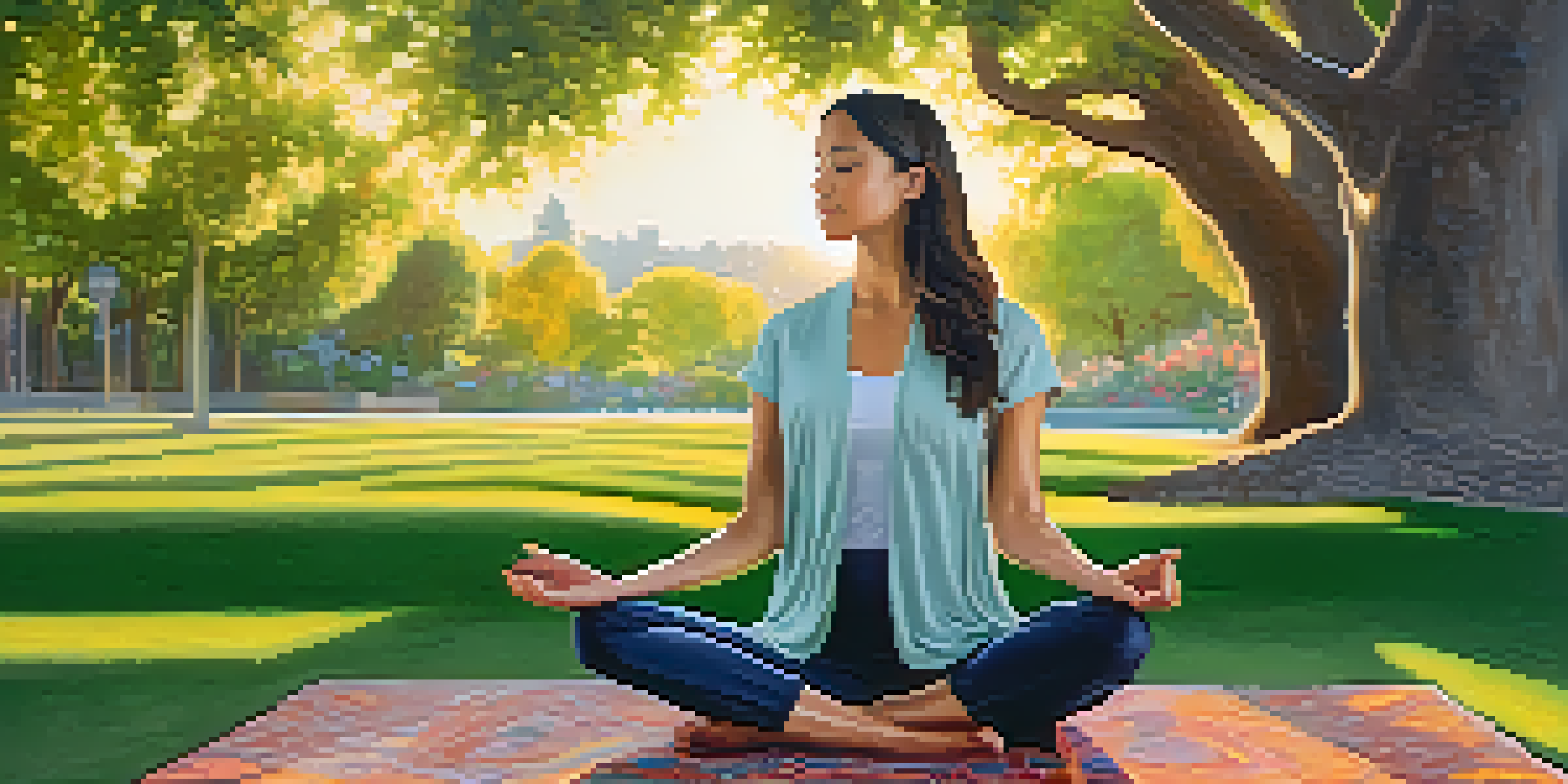 A person meditating in a tranquil park setting, surrounded by greenery and flowers, with a sunset in the background.