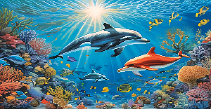 A colorful mural featuring marine life such as dolphins and coral, illustrating an underwater scene.