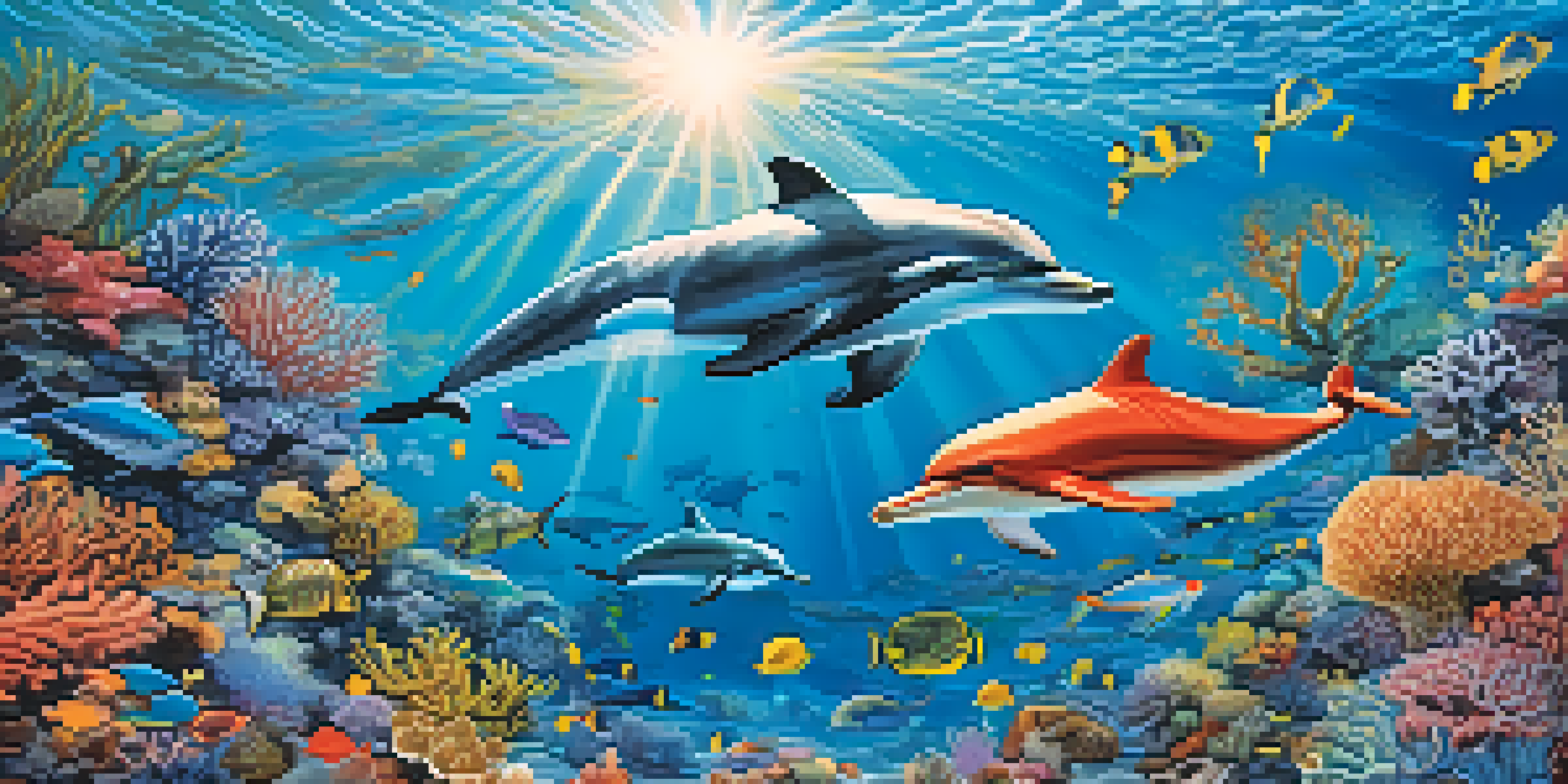 A colorful mural featuring marine life such as dolphins and coral, illustrating an underwater scene.