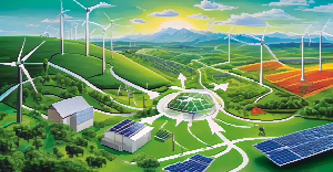 A colorful diagram depicting a sustainable supply chain with elements like ethical sourcing, waste reduction, and energy efficiency in a green landscape.