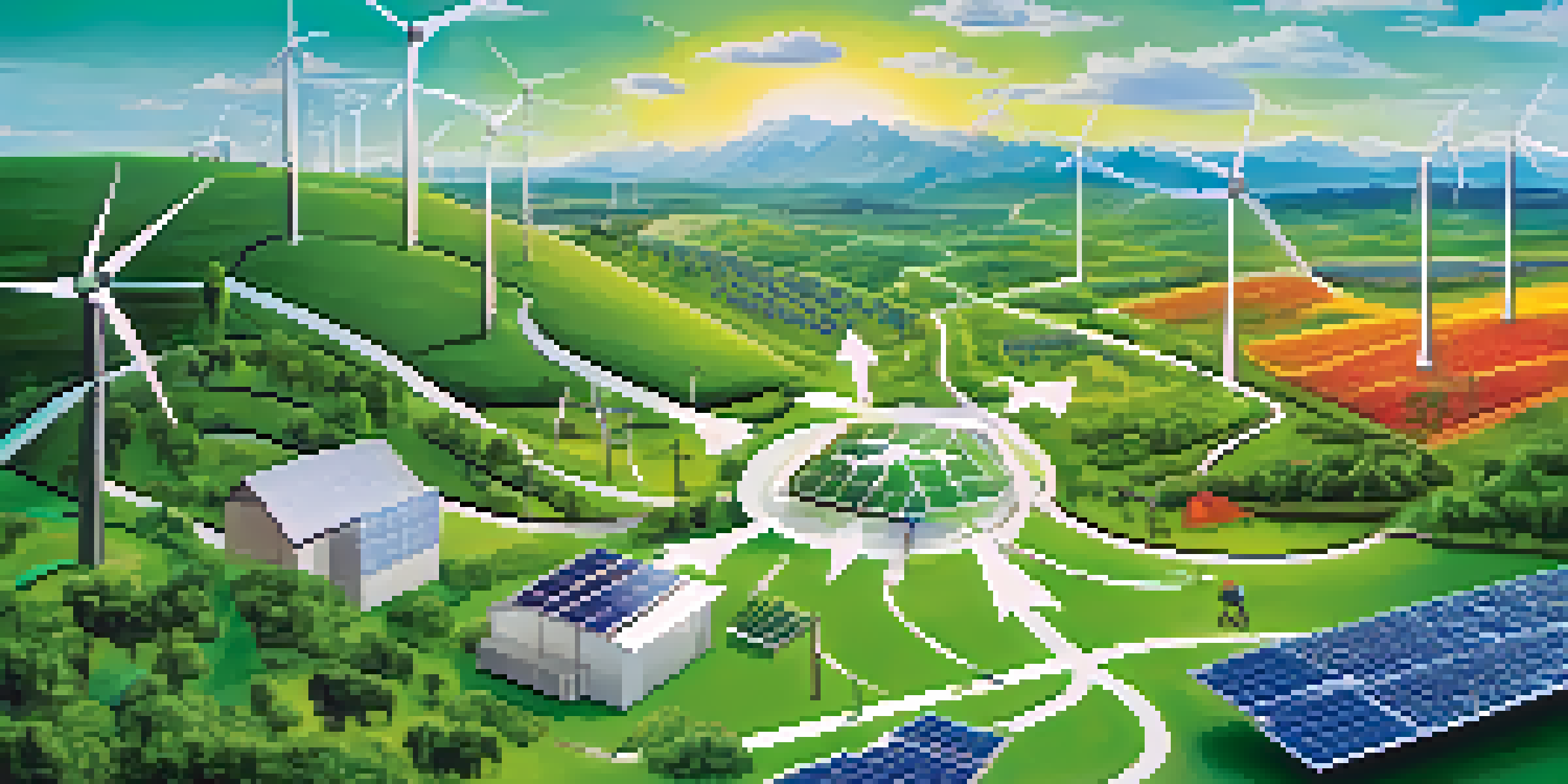 A colorful diagram depicting a sustainable supply chain with elements like ethical sourcing, waste reduction, and energy efficiency in a green landscape.