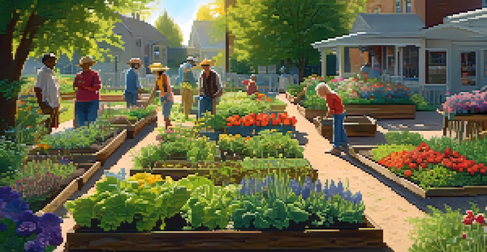A community garden with people of various backgrounds planting and harvesting vegetables under warm sunlight, surrounded by colorful flowers and a wooden sign.