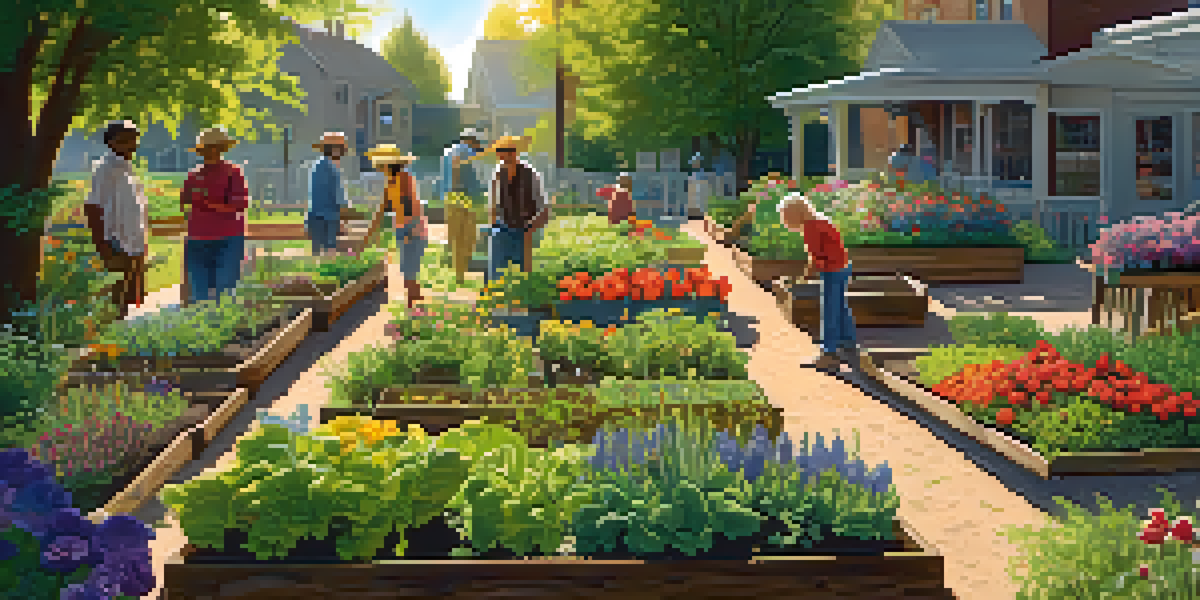 A community garden with people of various backgrounds planting and harvesting vegetables under warm sunlight, surrounded by colorful flowers and a wooden sign.