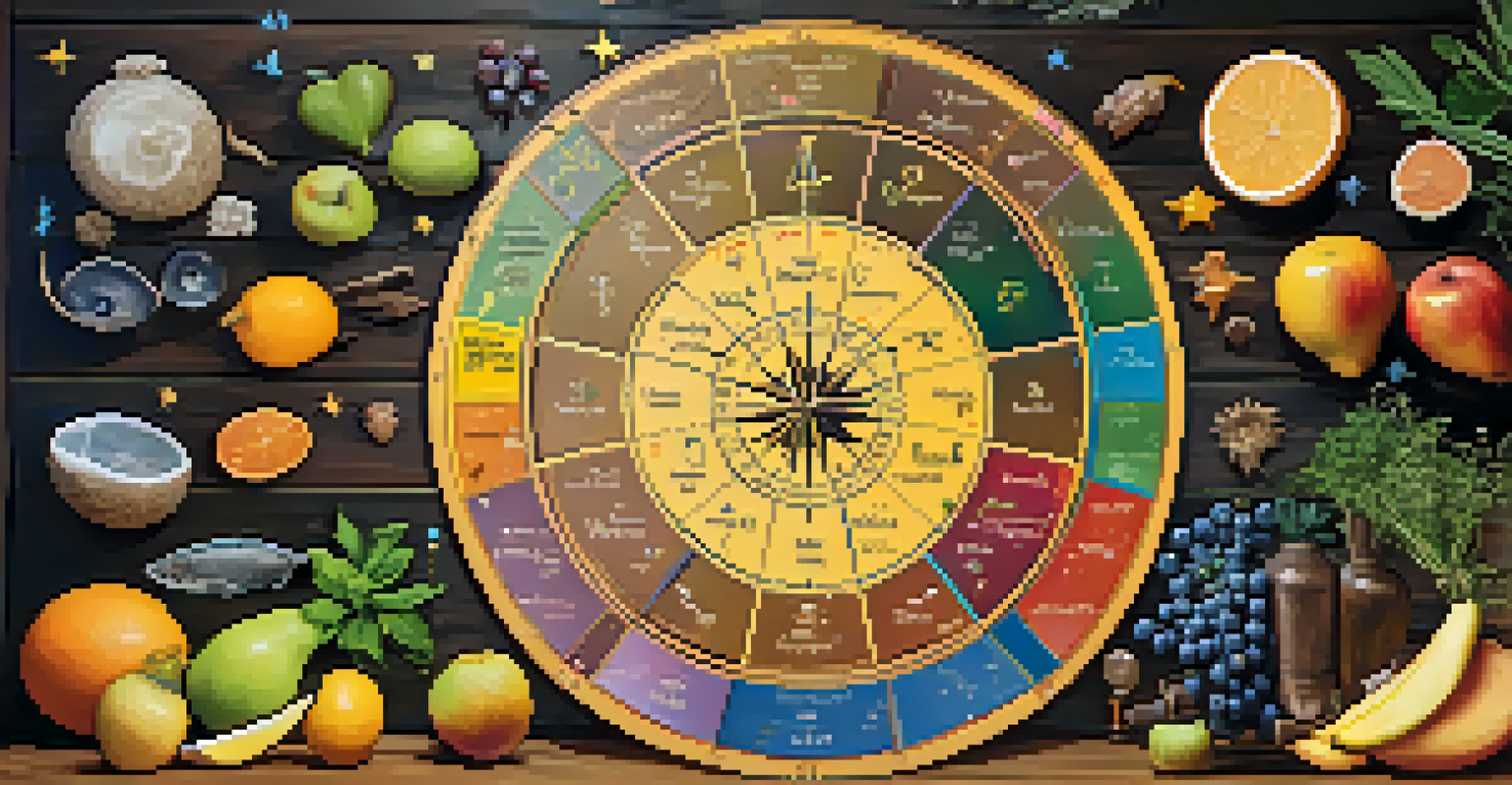 An astrological chart with colorful zodiac symbols on a wooden table, surrounded by fresh fruits and herbs under soft natural light.