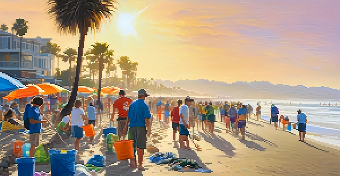 A diverse group of volunteers engaging in a beach clean-up at Santa Monica, with the sun shining and palm trees in the background.