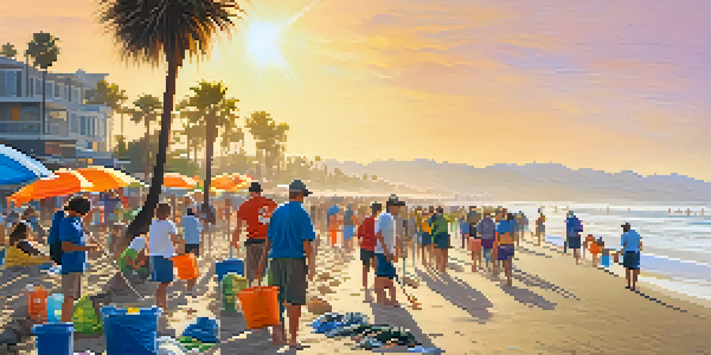 A diverse group of volunteers engaging in a beach clean-up at Santa Monica, with the sun shining and palm trees in the background.