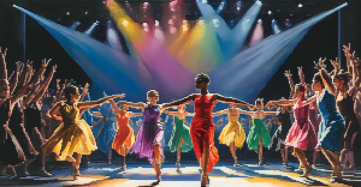 A lively dance performance at The Broad Stage in Santa Monica, showcasing dancers on stage with dramatic lighting and an engaged audience in the foreground.