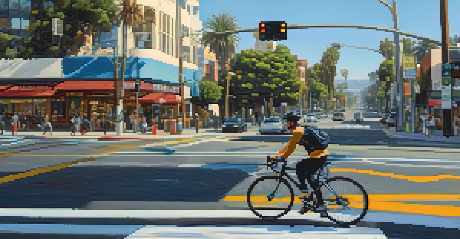 A cyclist navigating a marked intersection in Santa Monica, with visible bike signals and vibrant city life around.