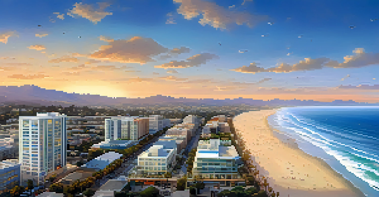 Aerial view of Santa Monica's coastline with tech startups and modern buildings, ocean view, and a colorful sunset.