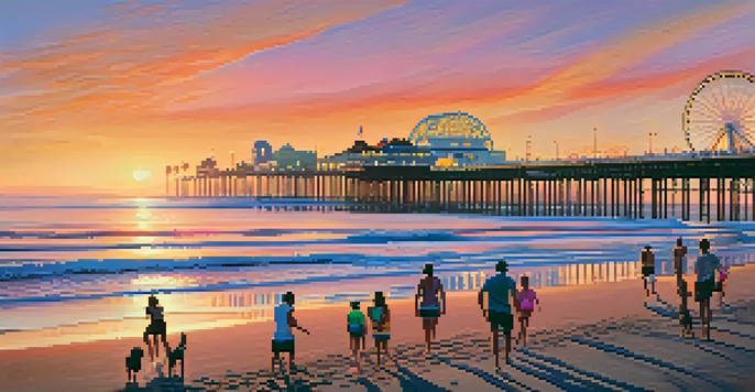 A sunset view of Santa Monica beach with people engaged in activities and the pier in the distance.