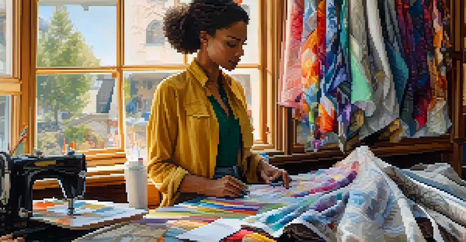 A local fashion designer working in her studio, sewing a colorful garment surrounded by fabric swatches and sketches in a well-lit environment.