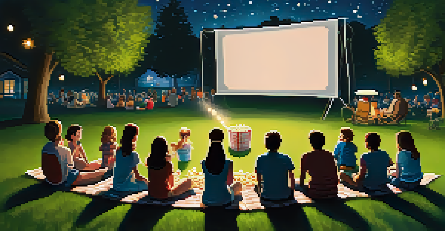 Families watching an outdoor movie in a park under a starry sky.