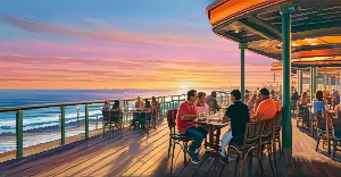 A sunset view of Santa Monica Pier with people dining outdoors, reflecting warm colors on the ocean.