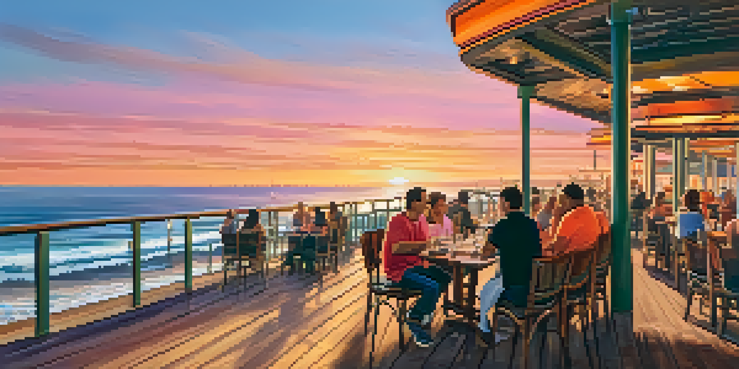 A sunset view of Santa Monica Pier with people dining outdoors, reflecting warm colors on the ocean.