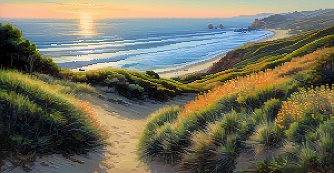 A peaceful coastal scene in Santa Monica featuring restored bluffs, native plants, and seabirds flying in the sunset sky.