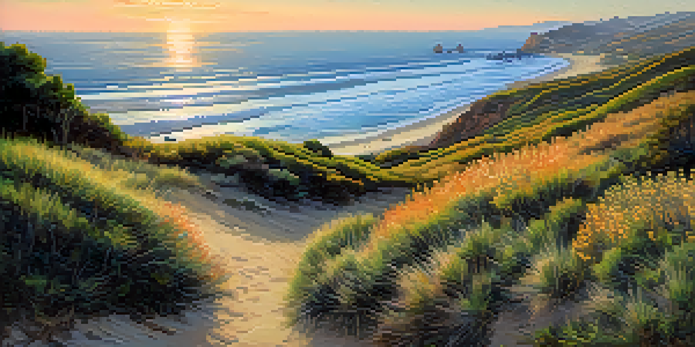 A peaceful coastal scene in Santa Monica featuring restored bluffs, native plants, and seabirds flying in the sunset sky.