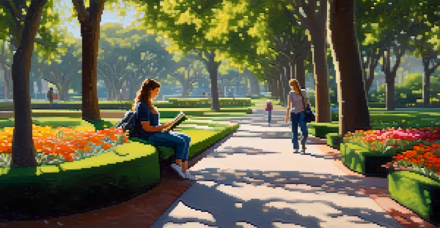 A peaceful park in Santa Monica with a pathway, trees, flowers, and people enjoying the space.