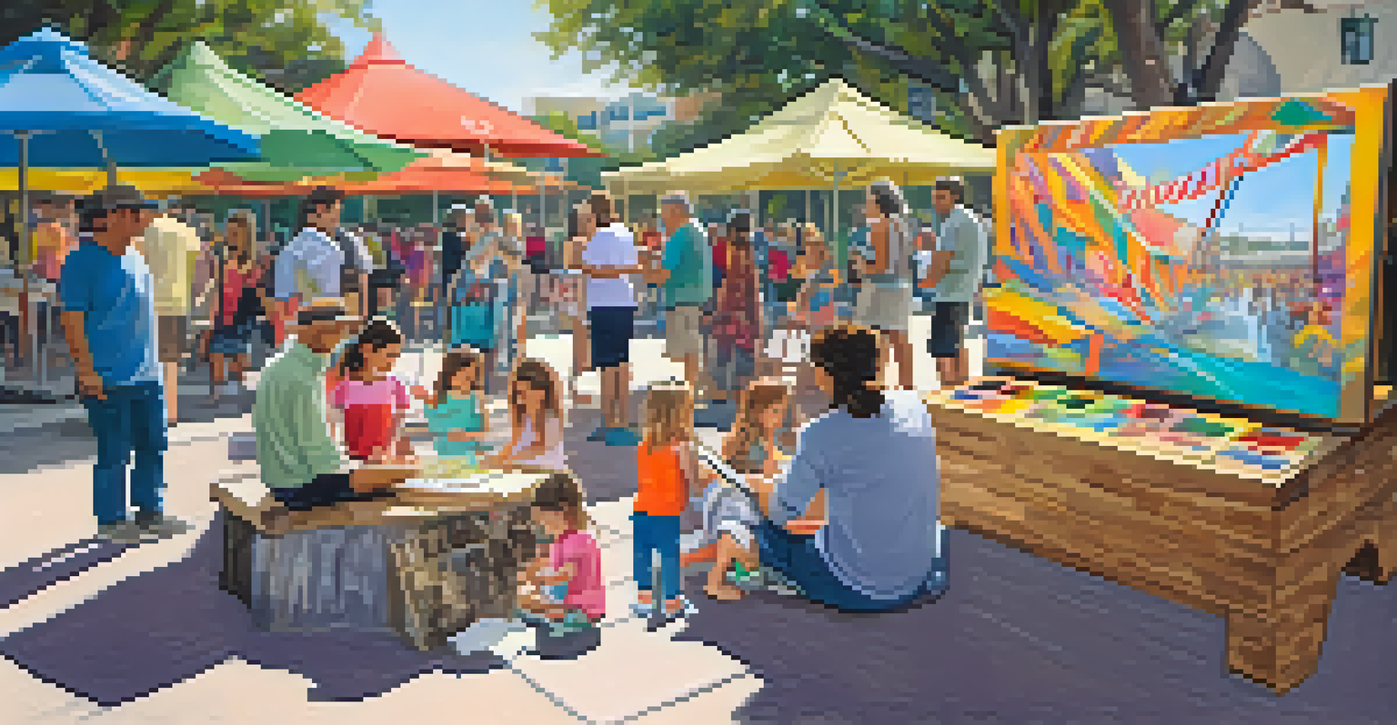 A family participating in interactive art activities at the Santa Monica Art Walk, with children creating art and musicians performing nearby.