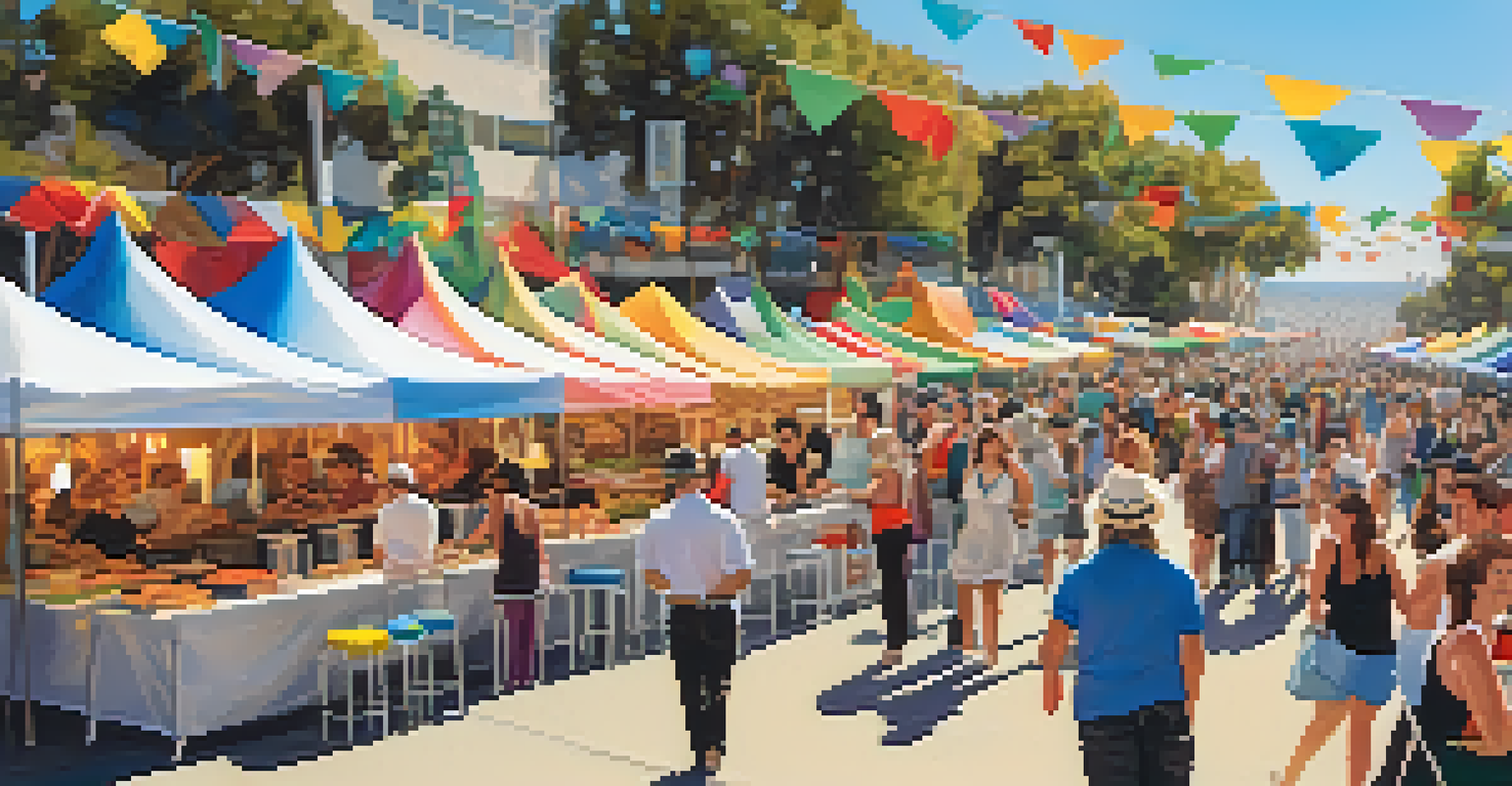 A vibrant food festival in Santa Monica with booths, chefs, and attendees enjoying diverse culinary offerings.
