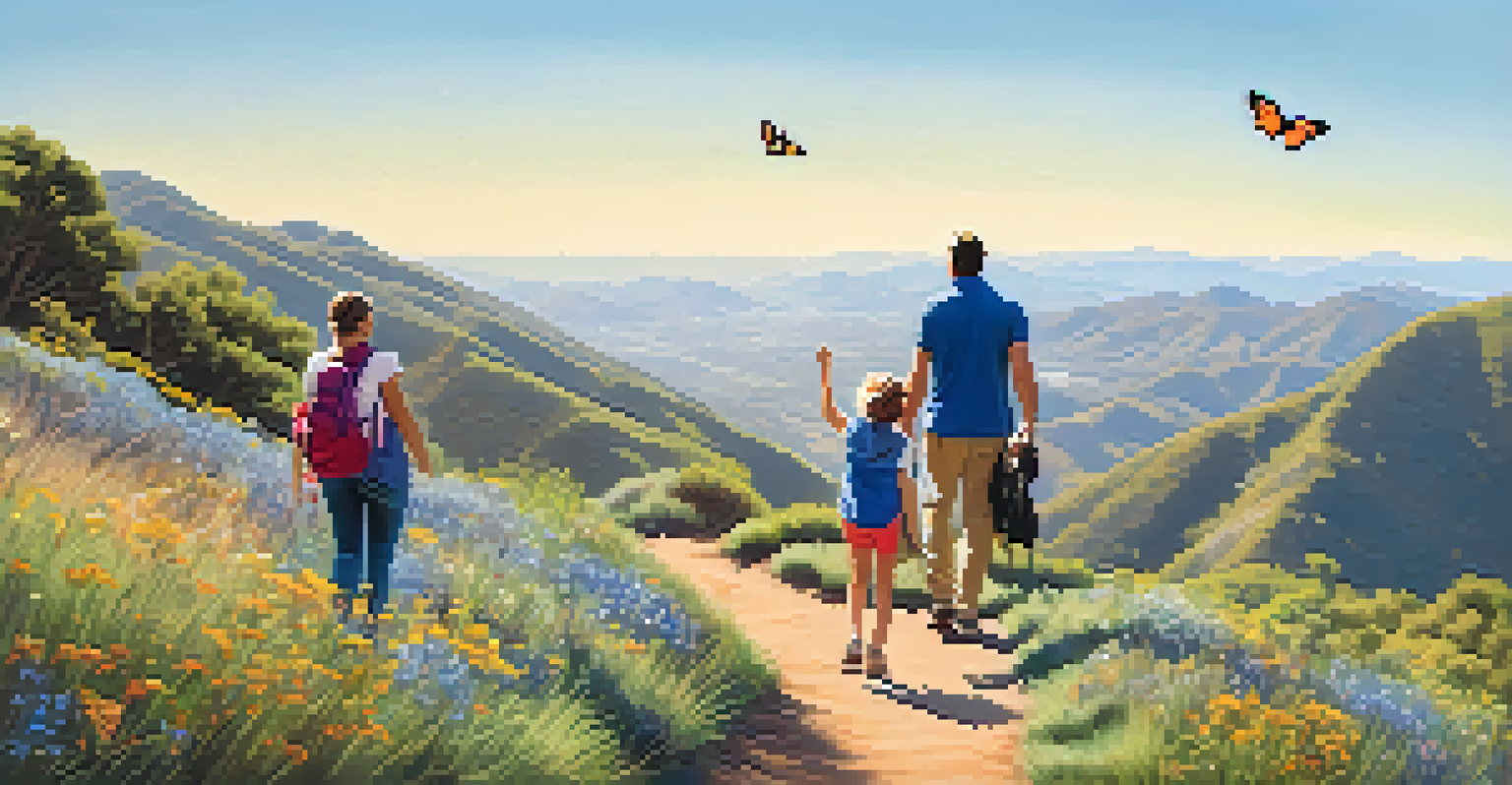 A happy family hiking together in the Santa Monica Mountains, with children pointing at a butterfly and scenic views around them.