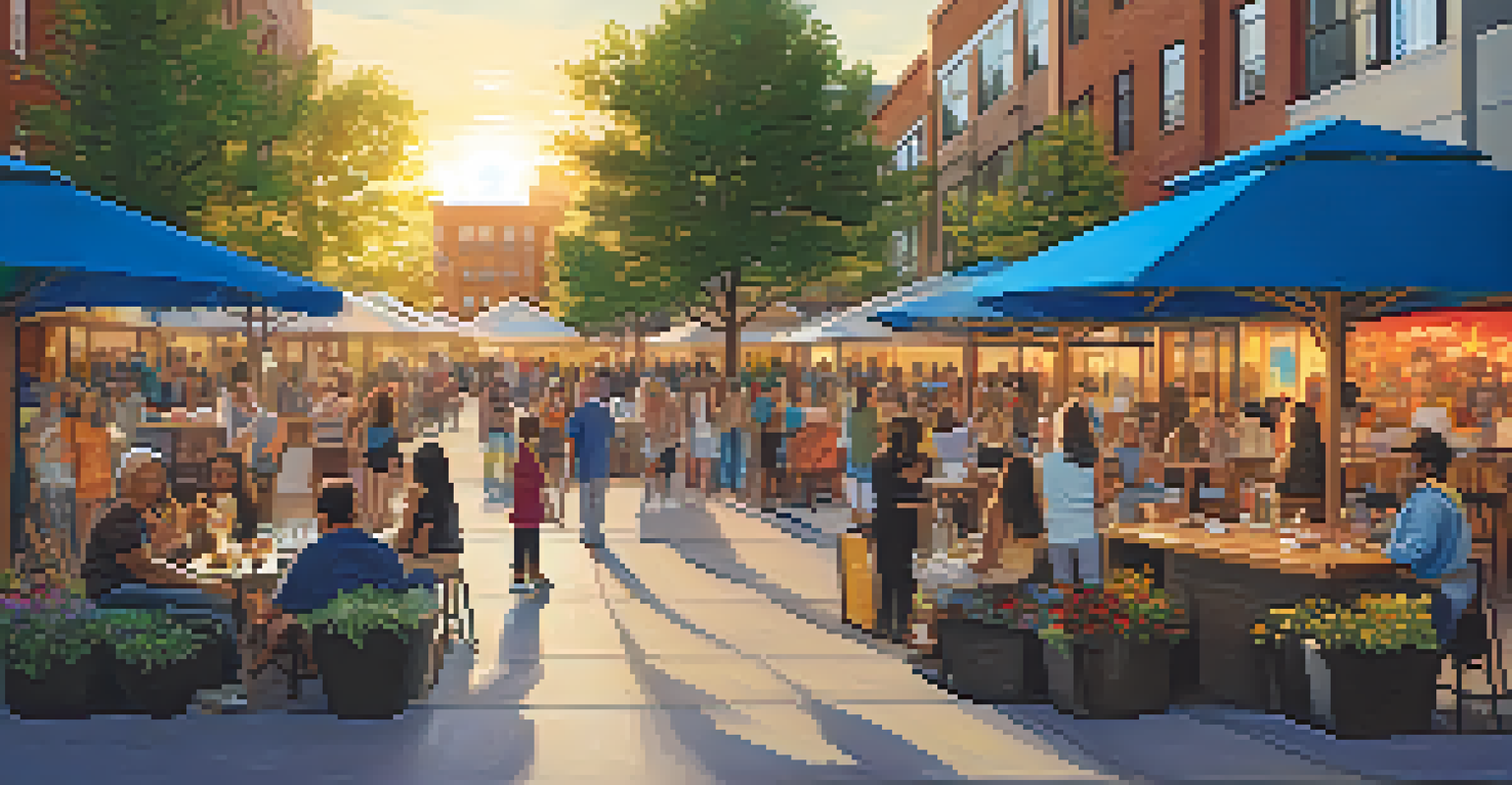 A serene outdoor plaza in a mixed-use development with art installations, food trucks, and people enjoying street performances at sunset.