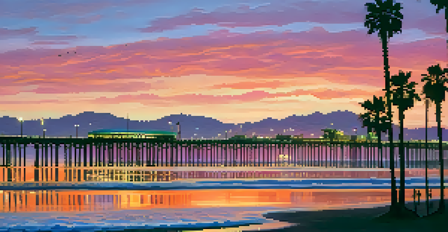 A beautiful sunset over Santa Monica with vibrant colors in the sky, silhouetted palm trees, and the Santa Monica Pier lights starting to glow as night falls.