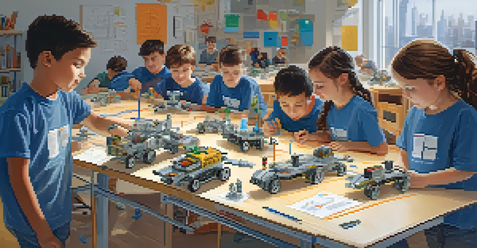Children working together in a STEM workshop, building robots and collaborating with blueprints and parts on a table.