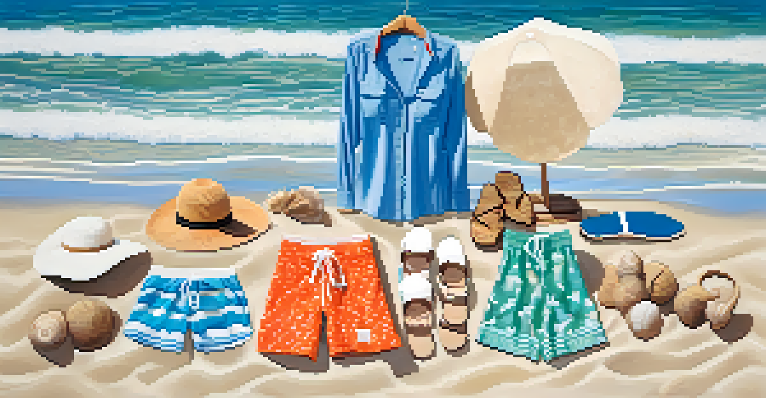A beach scene featuring artistic swimwear made from sustainable materials, displayed with seashells and beach stones.