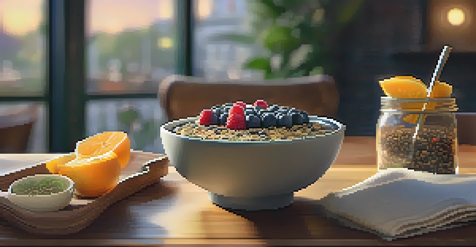 A cozy café table with an acai bowl and herbal tea surrounded by warm wooden decor.