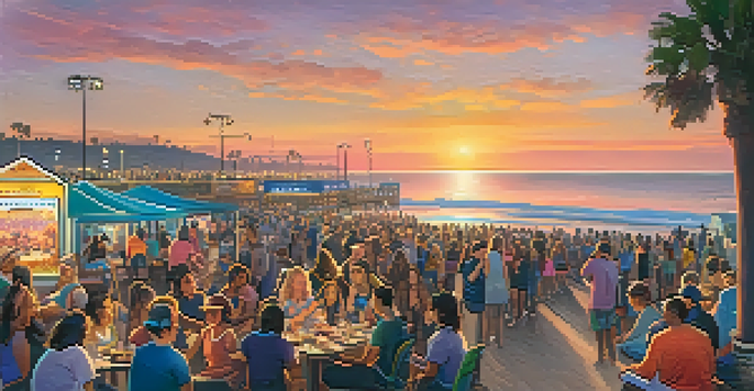 A vibrant sunset at Santa Monica Pier with a crowd enjoying a concert, food trucks, and the ocean in the background.
