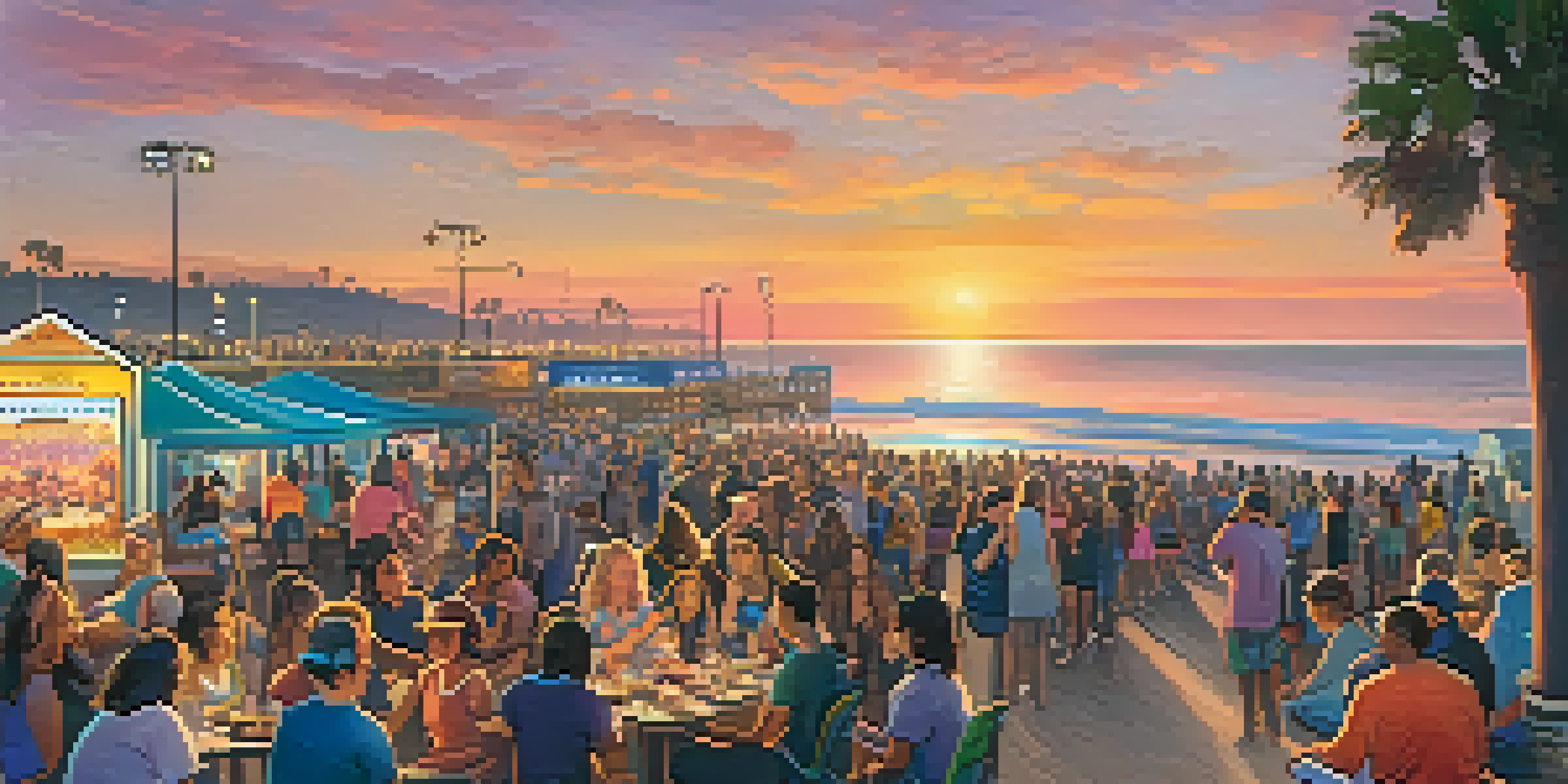 A vibrant sunset at Santa Monica Pier with a crowd enjoying a concert, food trucks, and the ocean in the background.