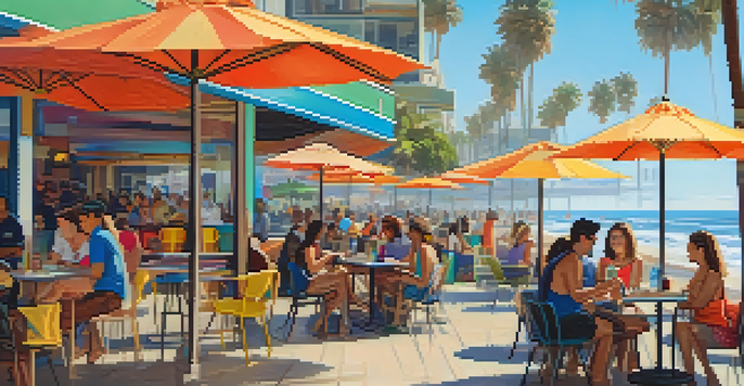 A busy beachfront café in Santa Monica where digital nomads are working on laptops surrounded by palm trees and colorful umbrellas.