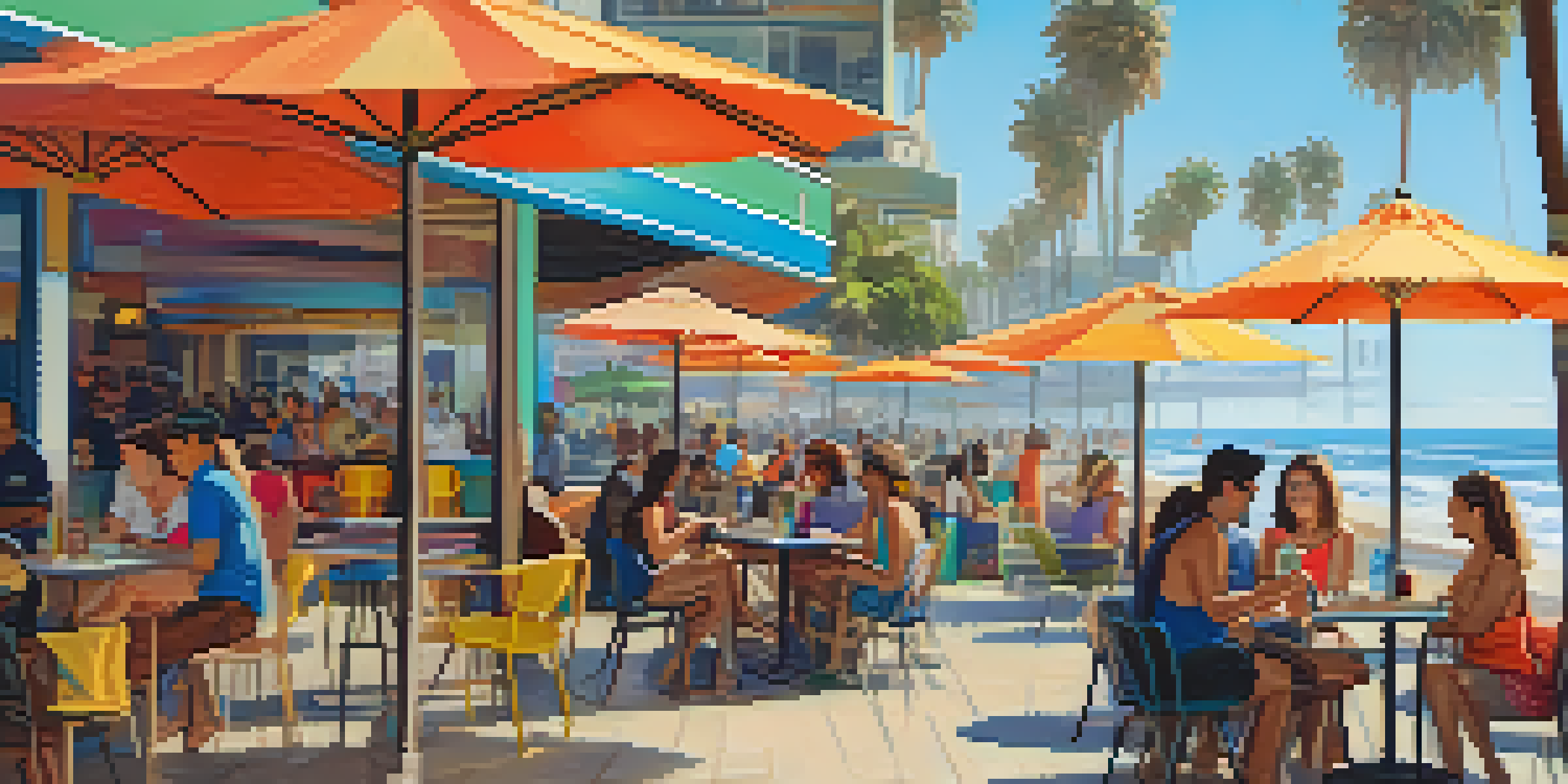 A busy beachfront café in Santa Monica where digital nomads are working on laptops surrounded by palm trees and colorful umbrellas.