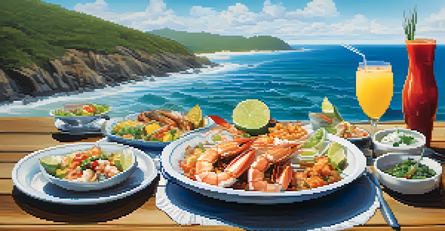 A variety of seafood dishes on a table with the ocean in the background.