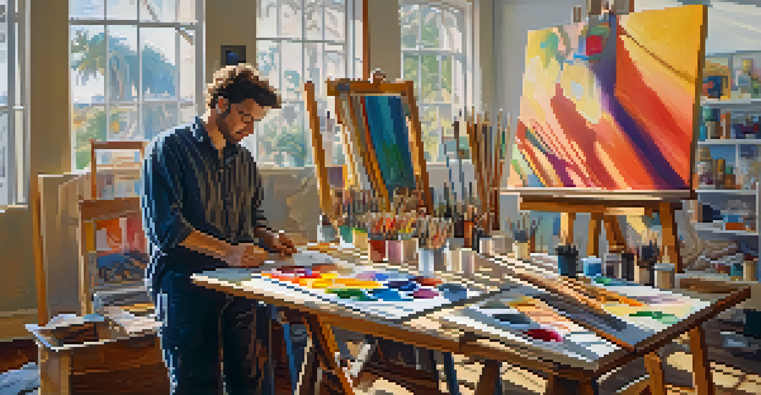 An artist's studio filled with bright canvases and sculptures, illuminated by natural light, showcasing a painter at work.