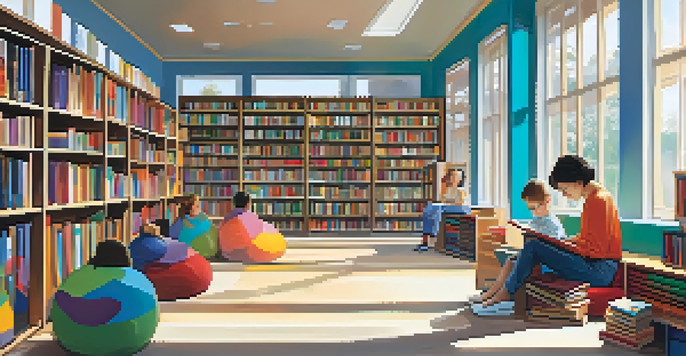 Interior view of a modern library with natural light, colorful bookshelves, and a librarian helping a child at a computer.