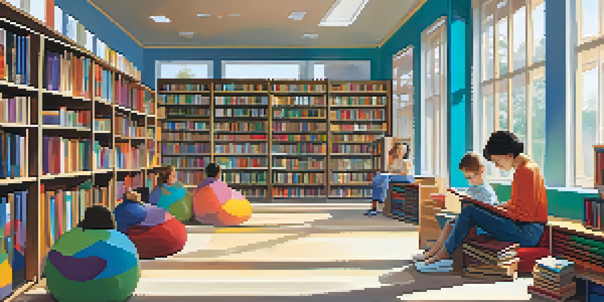 Interior view of a modern library with natural light, colorful bookshelves, and a librarian helping a child at a computer.