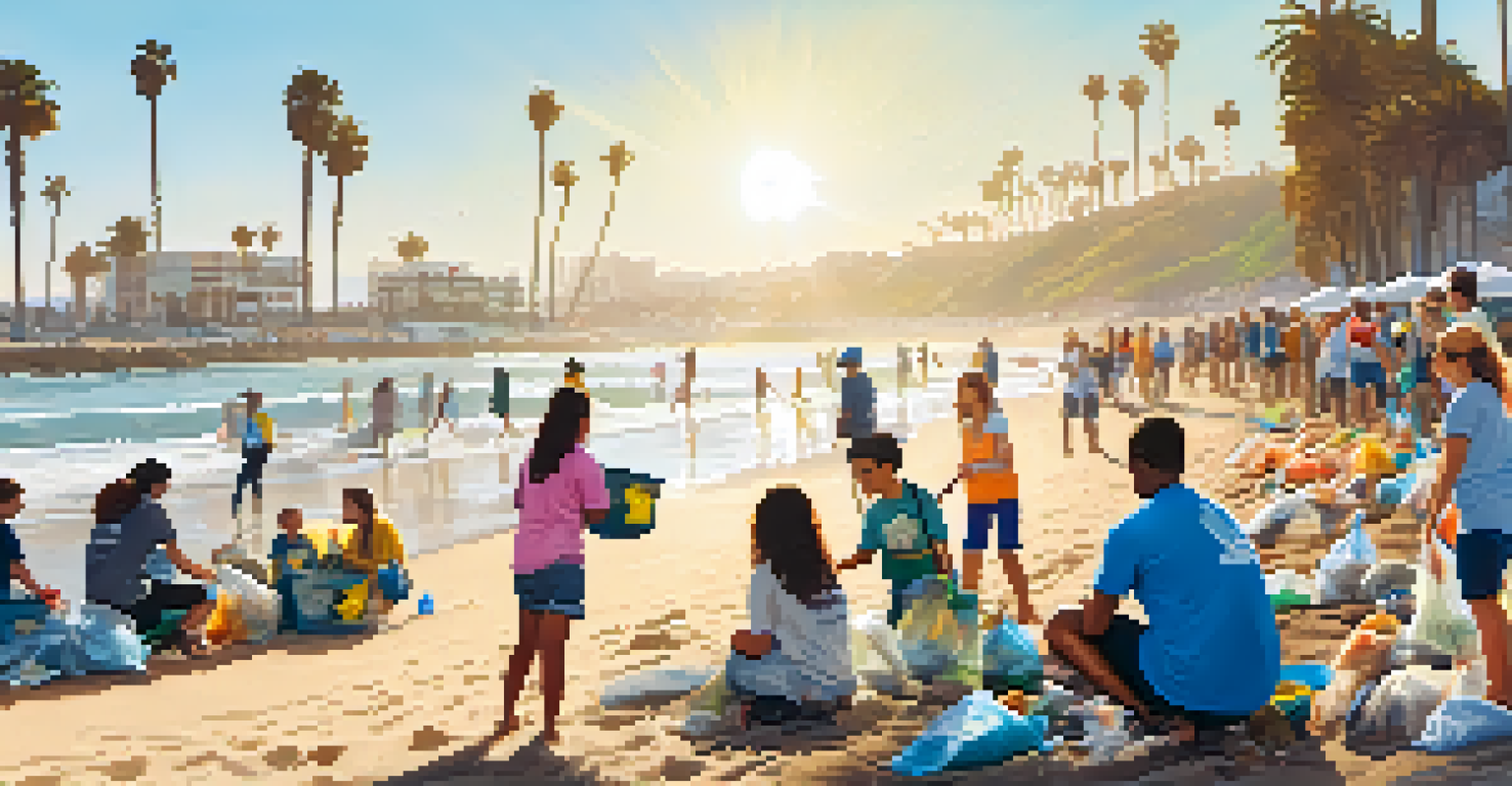 Volunteers participating in a beach cleanup event in Santa Monica, collecting trash along the shoreline with a sunny background.
