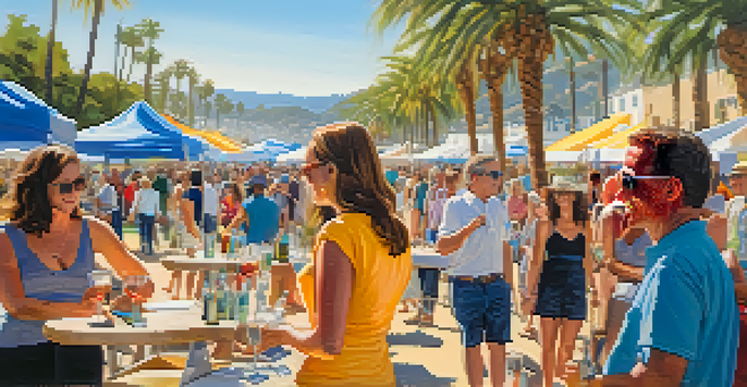 A lively outdoor art event in Santa Monica with artists displaying colorful artworks while attendees enjoy wine and chat, surrounded by palm trees and beach views.