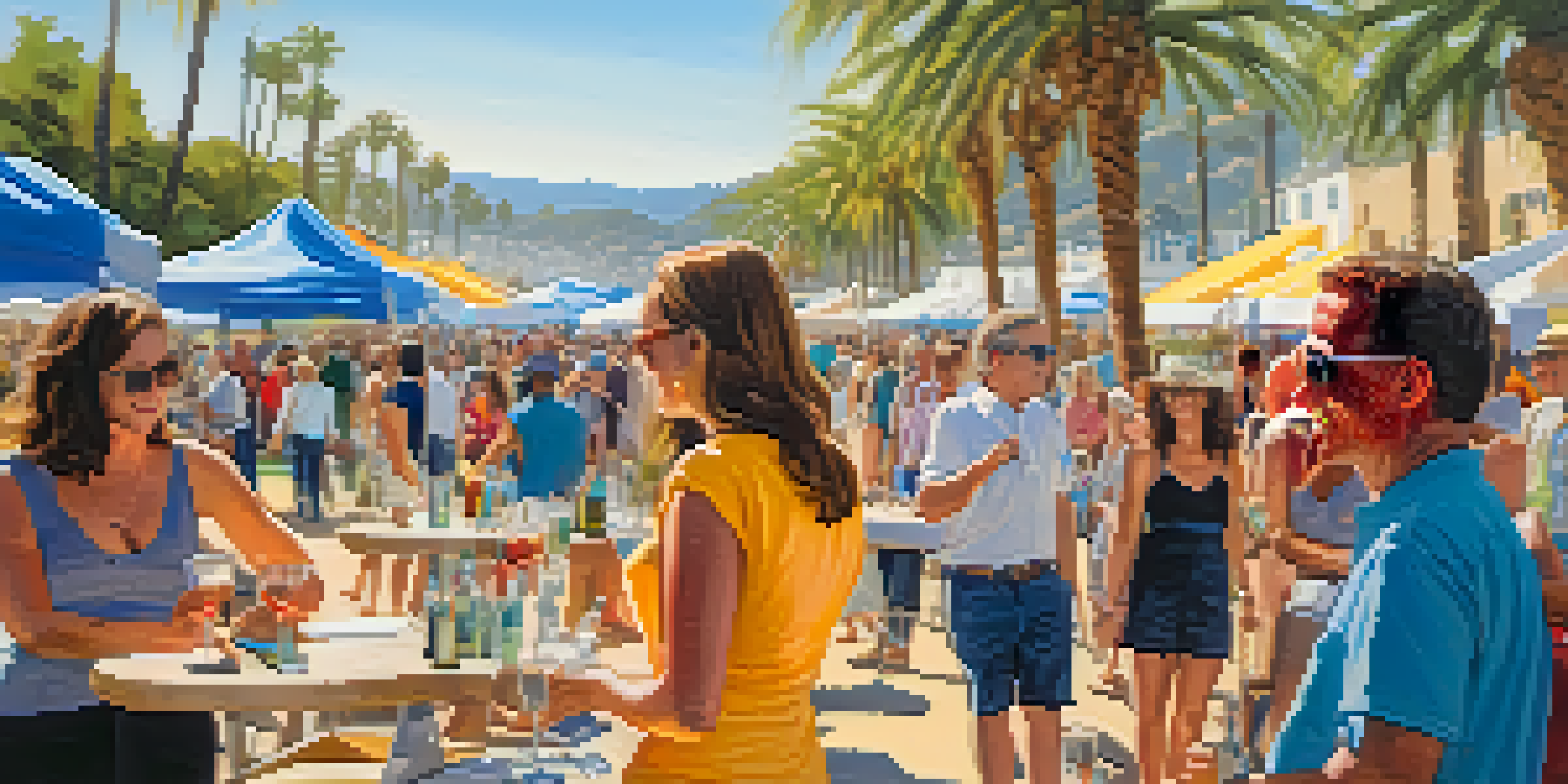 A lively outdoor art event in Santa Monica with artists displaying colorful artworks while attendees enjoy wine and chat, surrounded by palm trees and beach views.