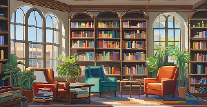 A cozy interior of an independent bookstore with wooden shelves filled with books, a reading nook, and sunlight streaming through the window.