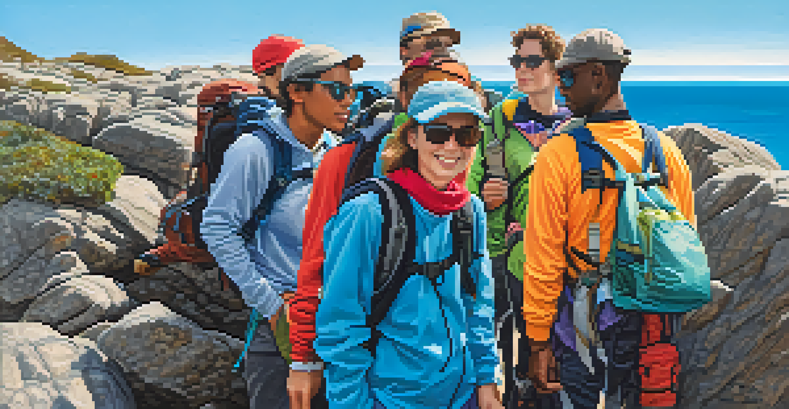 A diverse group of hikers on a rocky outcrop with the Pacific Ocean in the background.