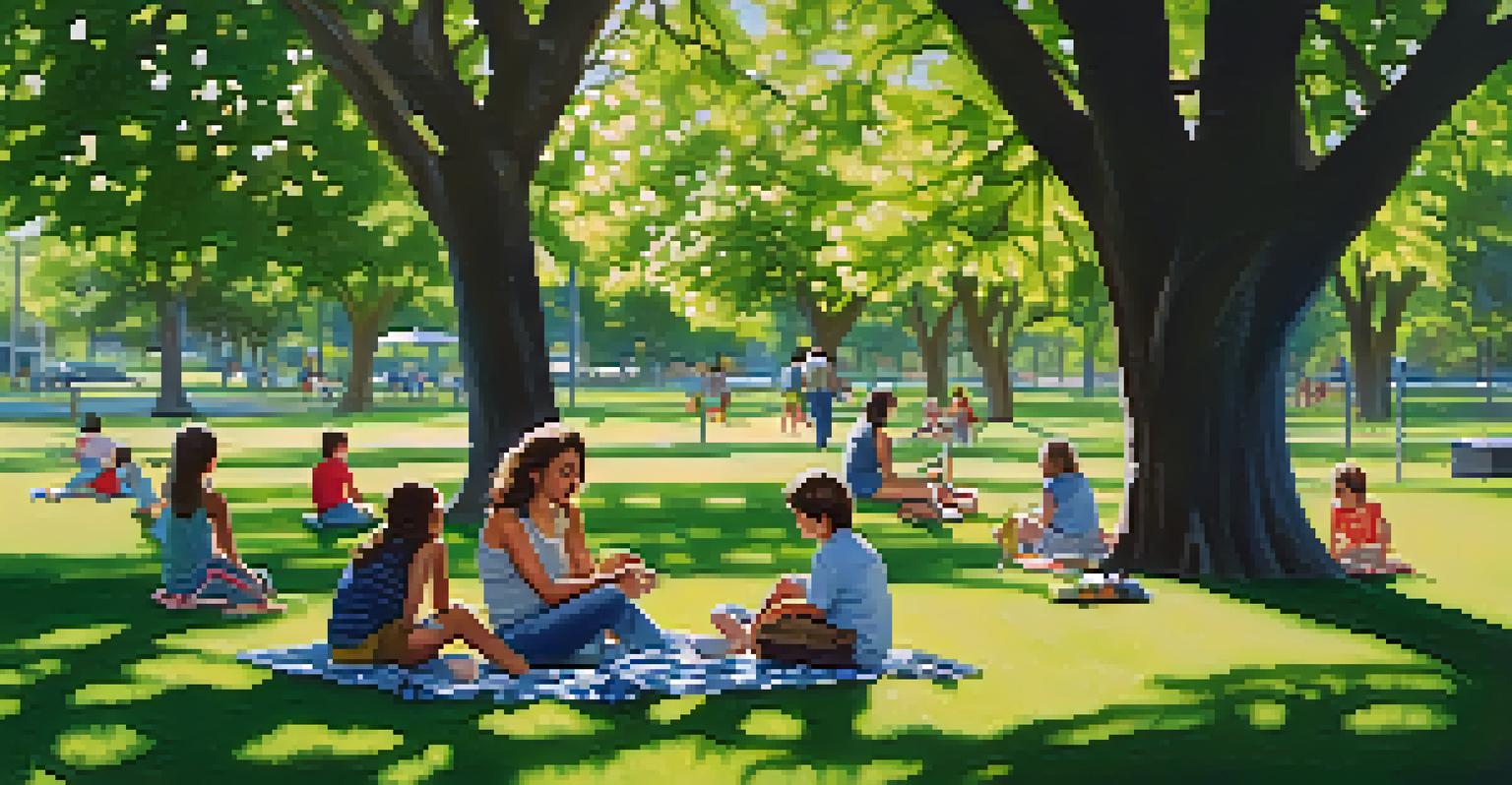 A vibrant family scene at Christine Emerson Reed Park, with kids playing and families picnicking on green lawns under shady trees.