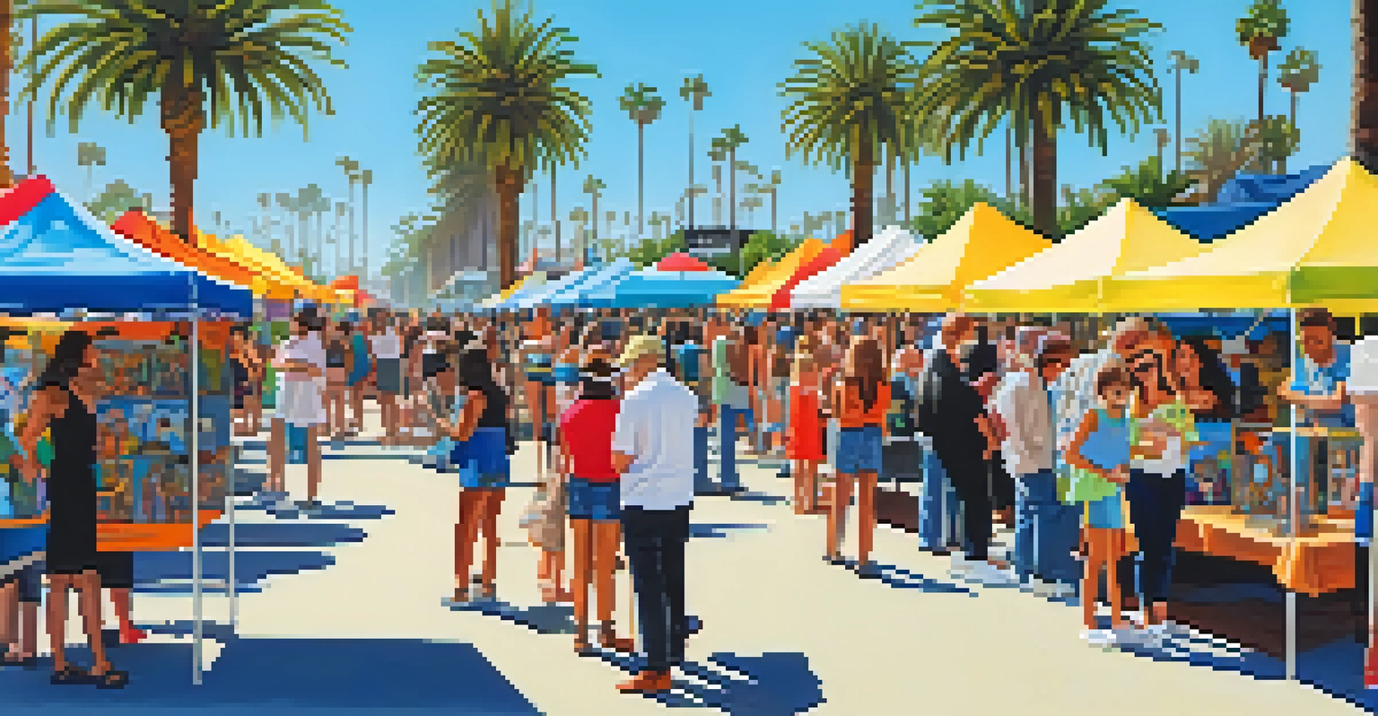 A bustling outdoor community art event in Santa Monica, with local artists and visitors enjoying interactive art displays under a sunny sky.
