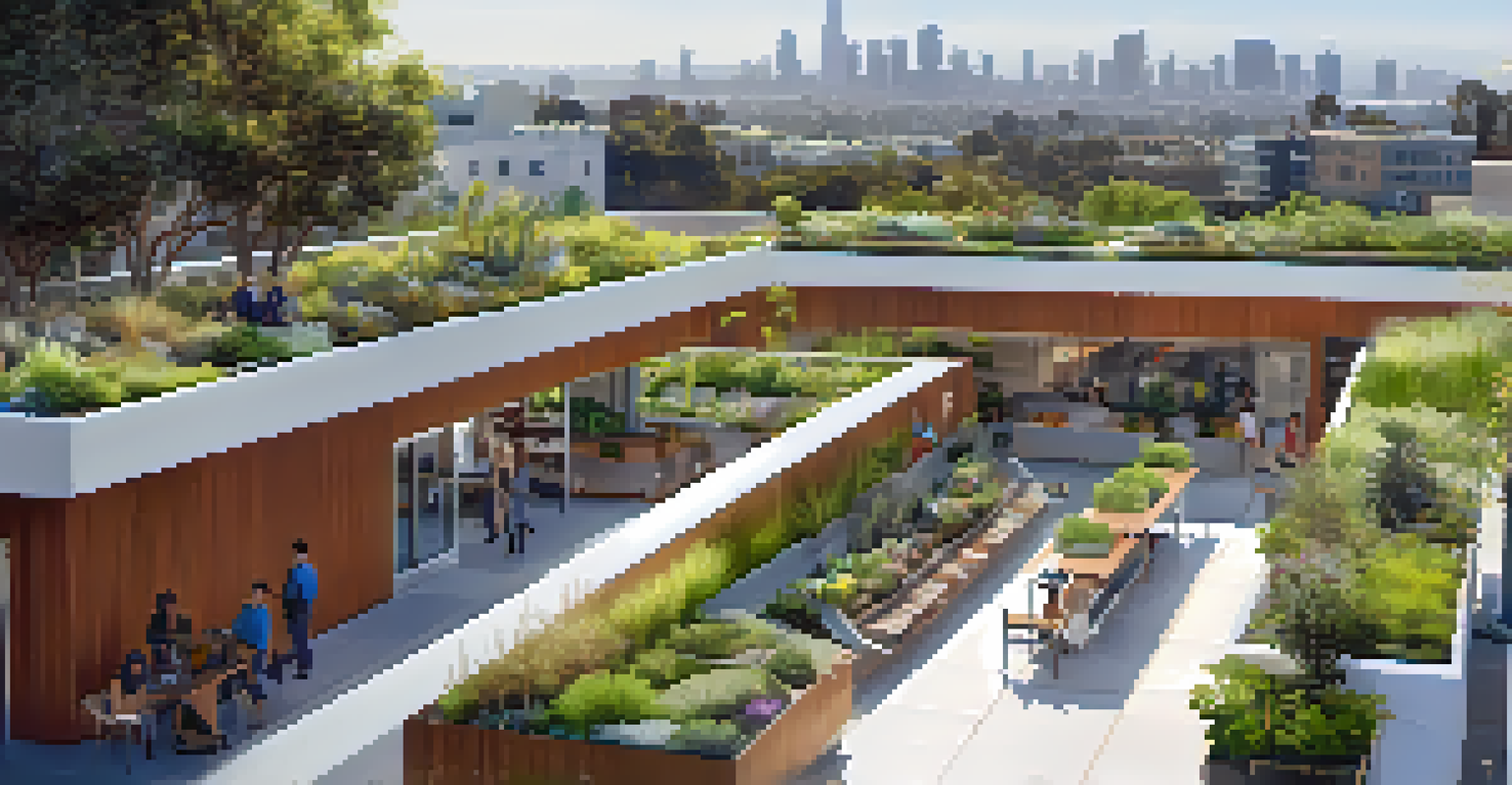 A modern building's green roof filled with plants and people enjoying the space, overlooking the Santa Monica skyline.
