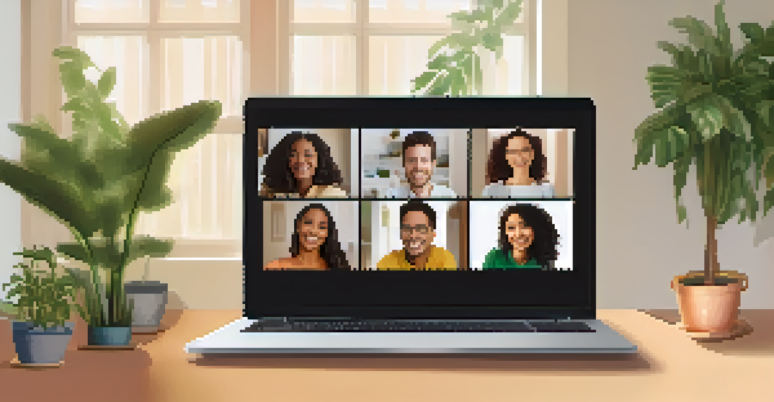 A laptop displaying a virtual support group session with smiling faces in a cozy home environment.