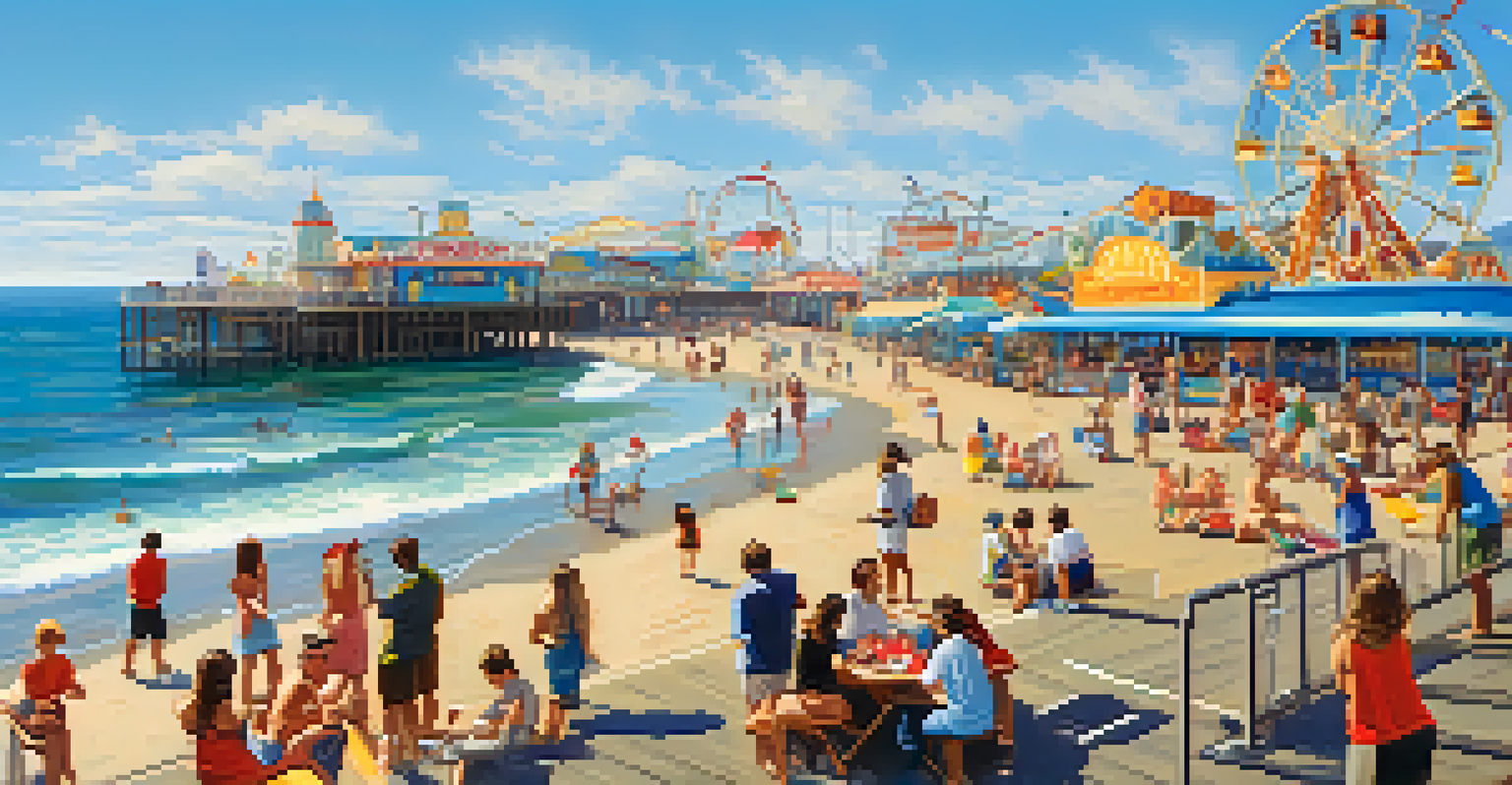 The lively Santa Monica Pier with amusement park rides, people having fun, and the ocean in the background.